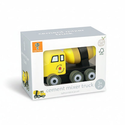 Toy cement mixer truck retail box showing yellow cab and black mixer drum