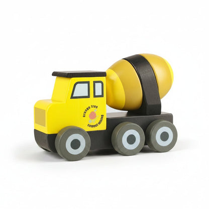 Yellow toy cement mixer truck with black mixer drum and gray wheels