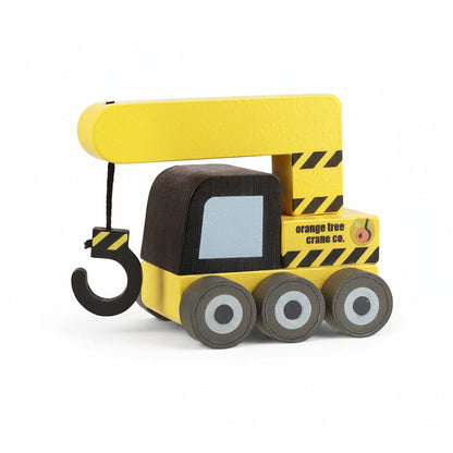 Yellow crane truck toy with yellow arm, hook, and striped cab, gray wheels