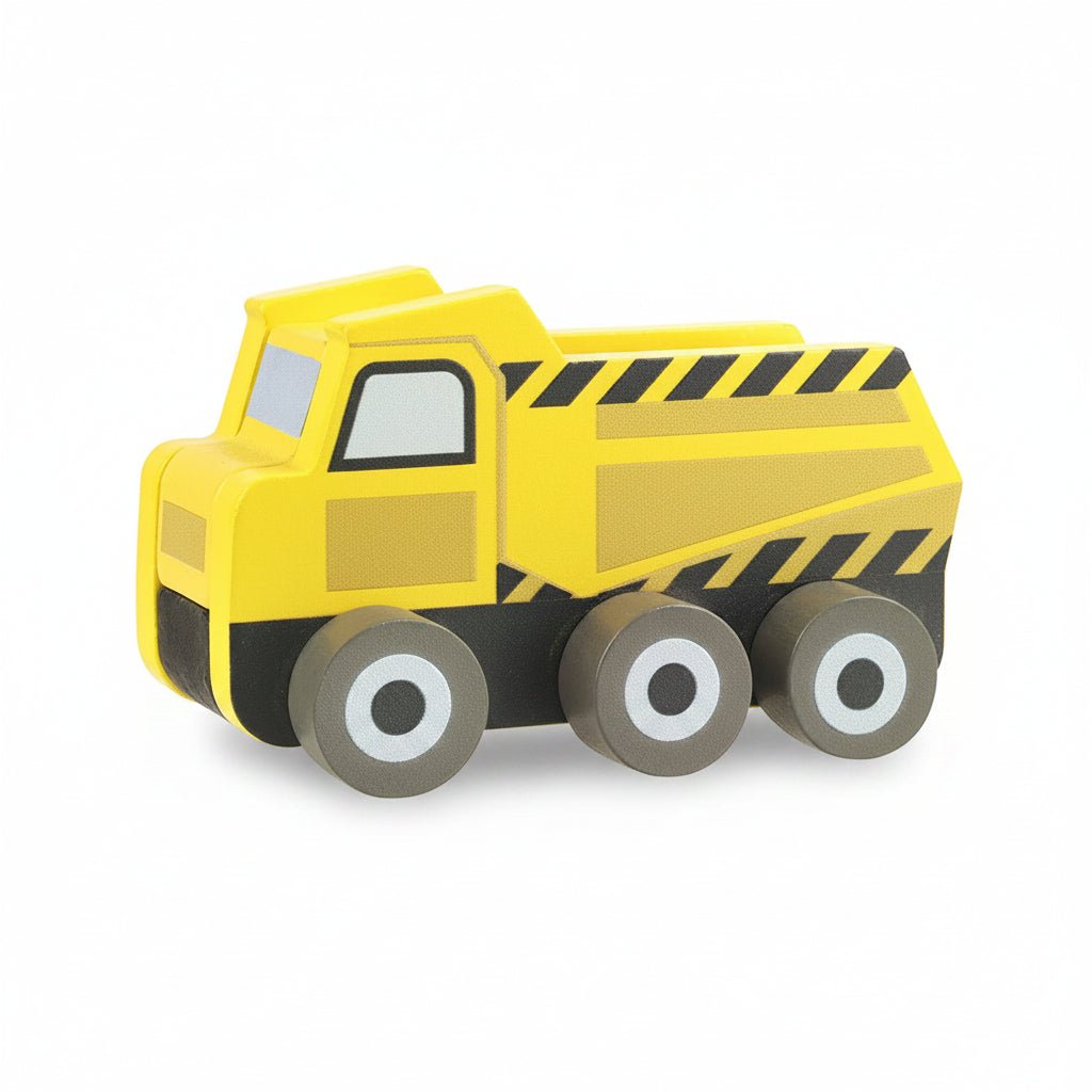Yellow construction truck toy with striped cargo bed and six gray wheels