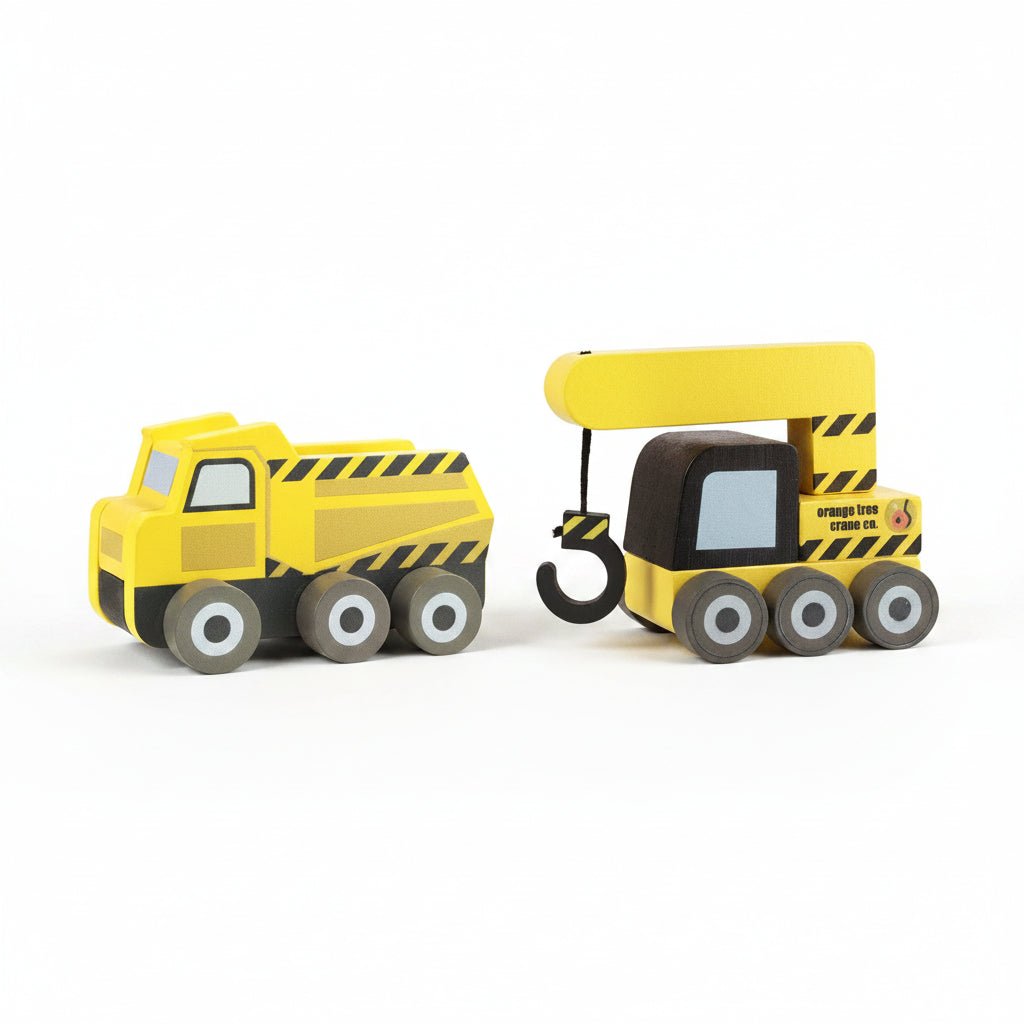 Yellow and black construction dump truck toy with striped side and gray wheels