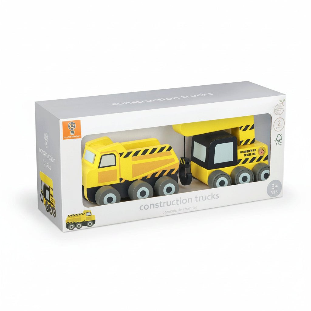Boxed set of construction truck toys with yellow vehicles and striped details
