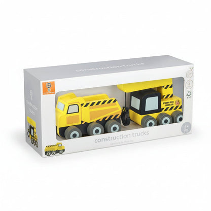 Boxed set of construction truck toys with yellow vehicles and striped details