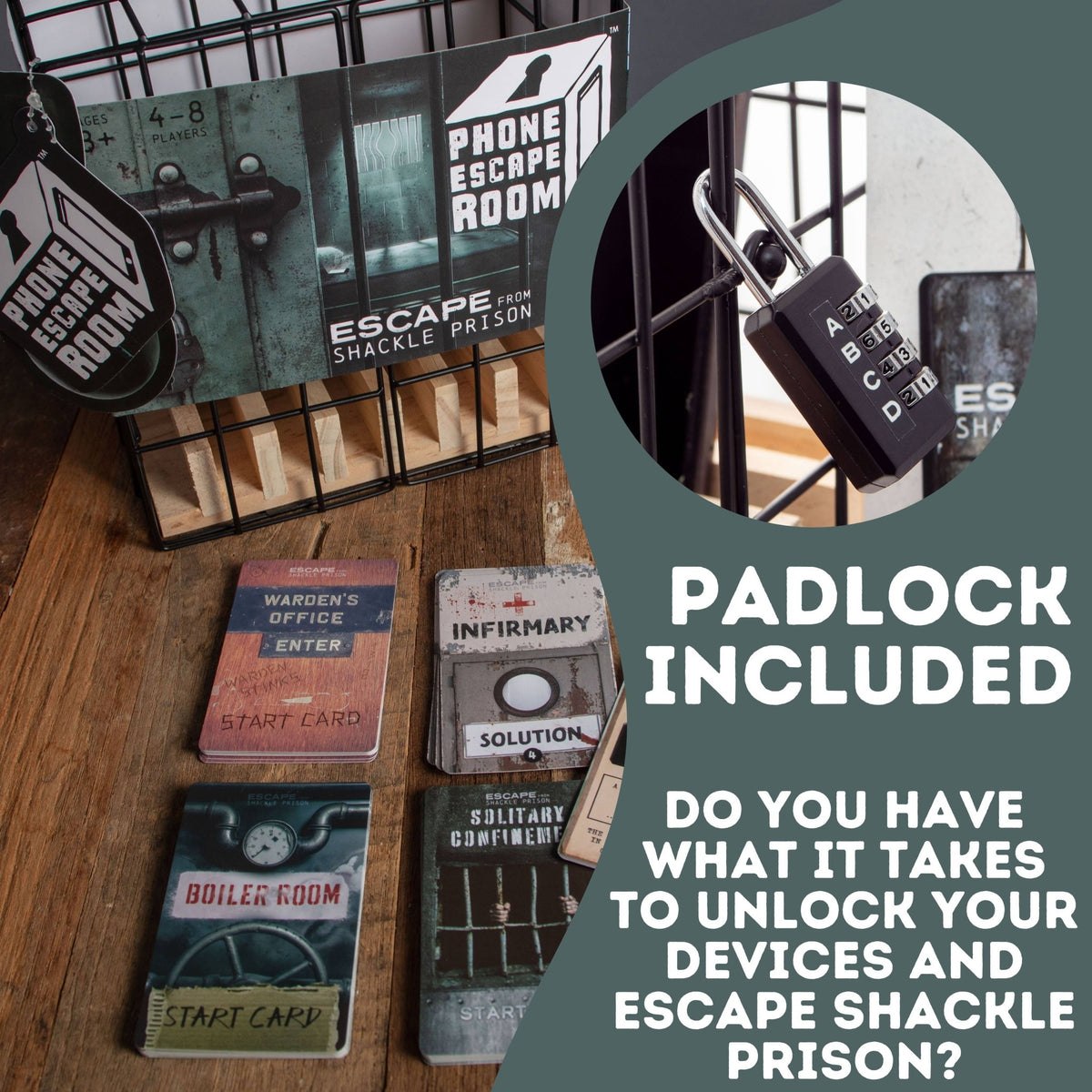 Escape room puzzle game set with padlock included graphic and instruction cards