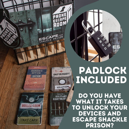 Escape room puzzle game set with padlock included graphic and instruction cards