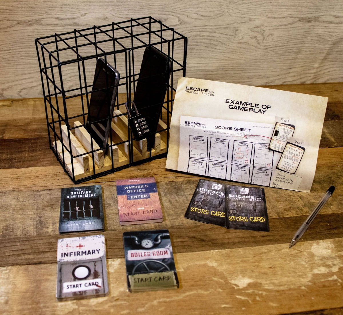 Puzzle game set with metal cage, score sheet, story cards, and marker