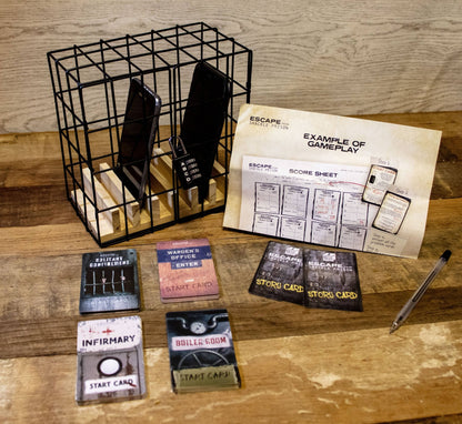 Puzzle game set with metal cage, score sheet, story cards, and marker