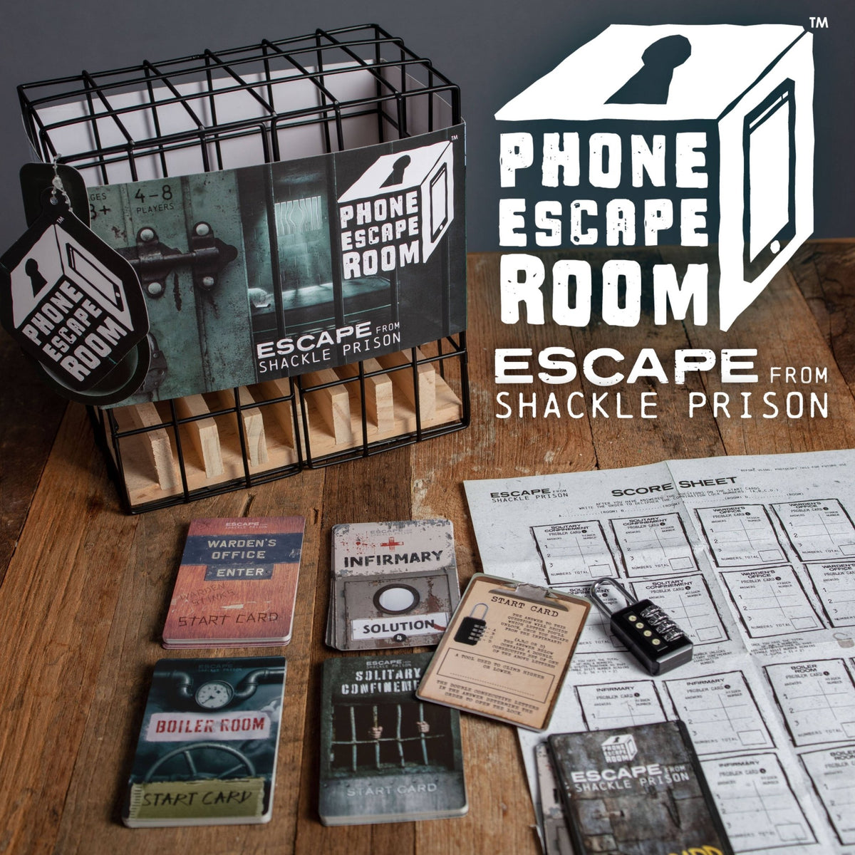 Escape room puzzle game set with metal cage, phone locks, and card deck