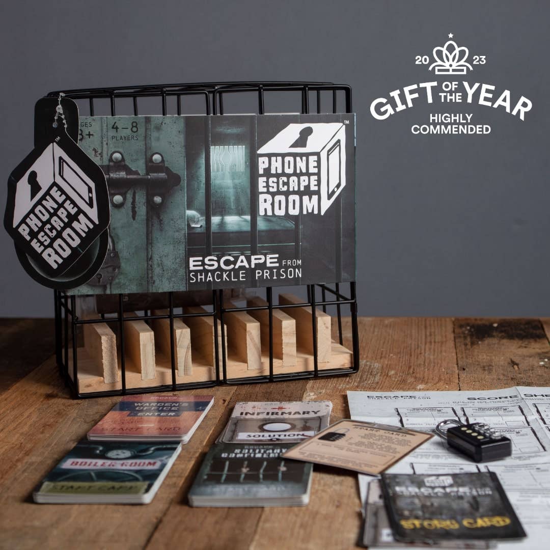 Phone escape room puzzle game set with metal cage and instruction cards
