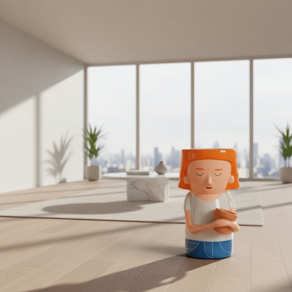 Quirky Turkey Gifts Plant Mum dolomite vase featuring a red-haired lady character with a mini front planter
