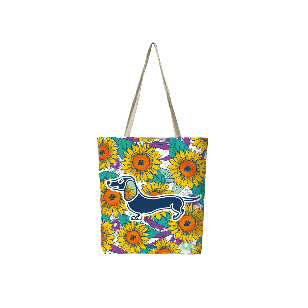 Reusable shopping bag with colorful sunflower dachshund pattern and rope handles