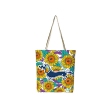 Reusable shopping bag with colorful sunflower dachshund pattern and rope handles