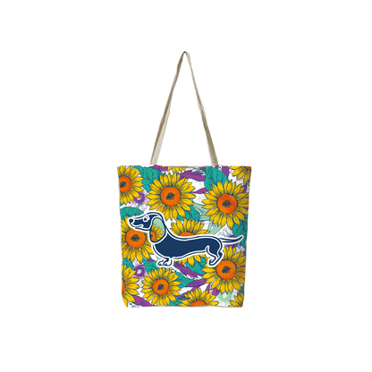 Reusable shopping bag with colorful sunflower dachshund pattern and rope handles