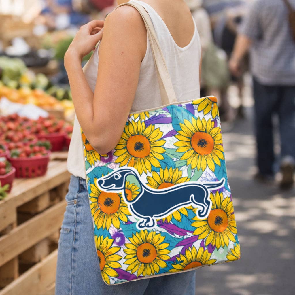 Reusable shopping tote with purple sunflower dachshund print and short rope handles