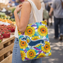 Reusable shopping tote with purple sunflower dachshund print and short rope handles