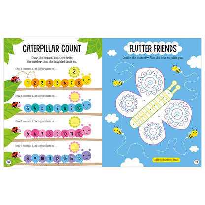 Kids activity book spread with caterpillar number counting and flutter friend tracing