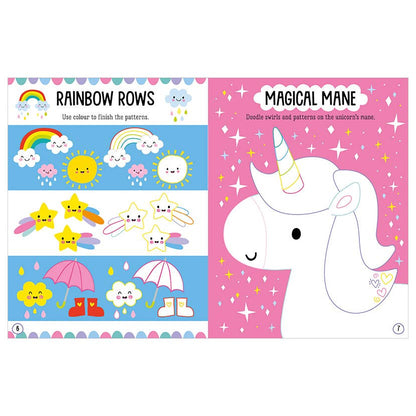 Kids activity book spread with rainbow rows and unicorn coloring page
