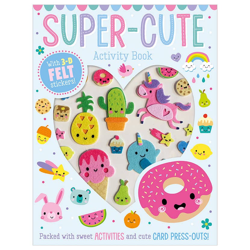 Felt sticker activity book cover with colorful animal sticker shapes and donut