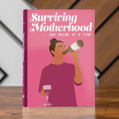Surviving Motherhood gift book cover, pink design with a woman holding a wine glass