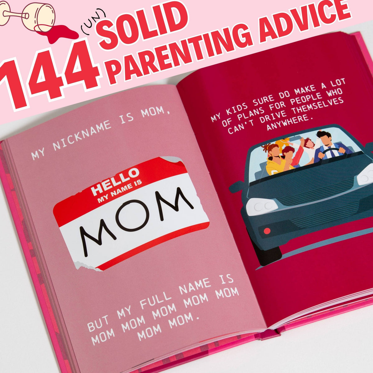 Surviving Motherhood gift book open pages with "Solid Parenting Advice" and a Mom name tag