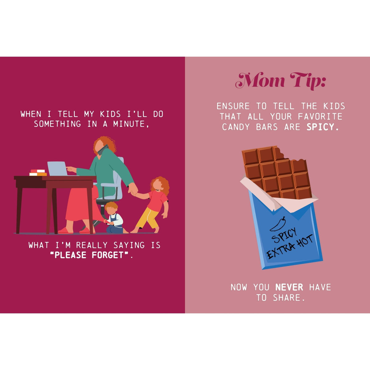 Surviving Motherhood gift book open spread with parenting tips and a box of candy