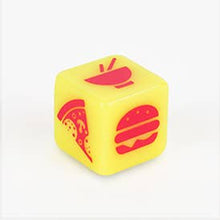 Takeaway dice with yellow sides and red fast-food icons