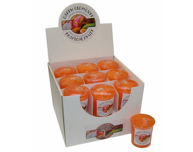 Tropical fruit votive candles, orange wax, in retail display box with one candle
