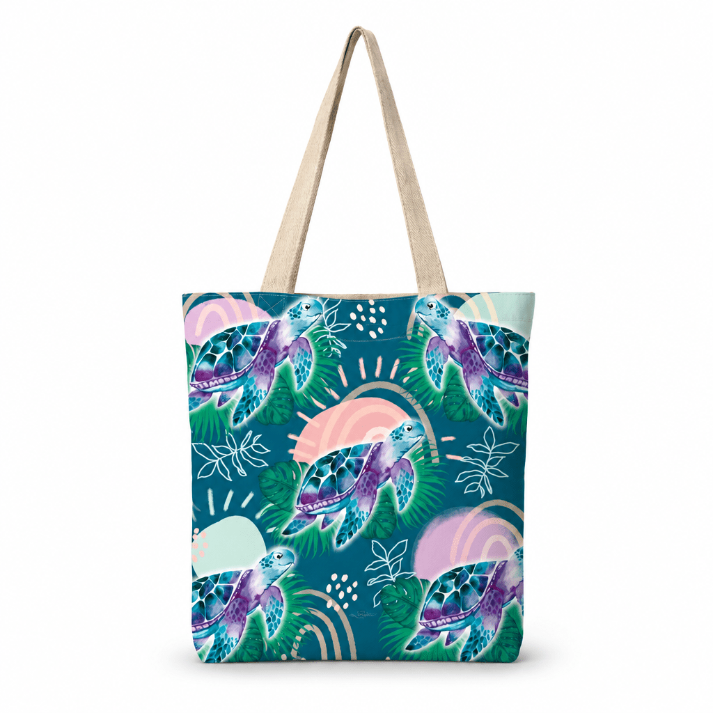 Reusable shopping tote bag, teal with repeating sea turtle and wave pattern, fabric handles