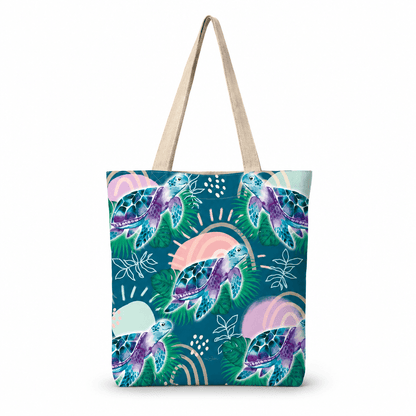 Reusable shopping tote bag, teal with repeating sea turtle and wave pattern, fabric handles