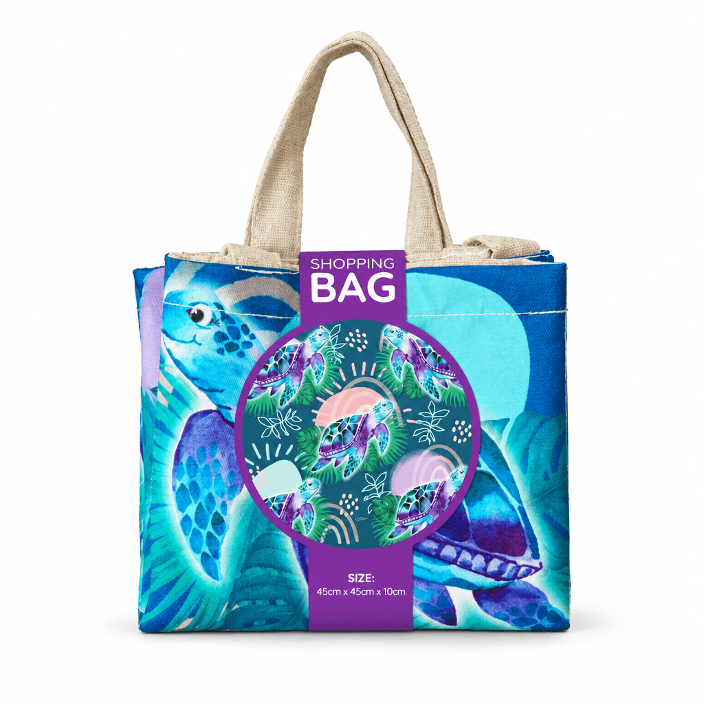 Reusable shopping tote bag with teal sea turtle print and front size graphic