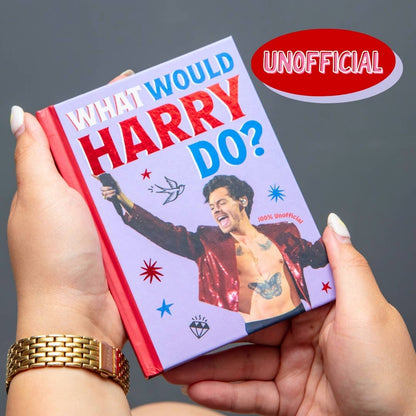 Gift book held in hands, “What Would Harry Do?” cover with “UNOFFICIAL” badge