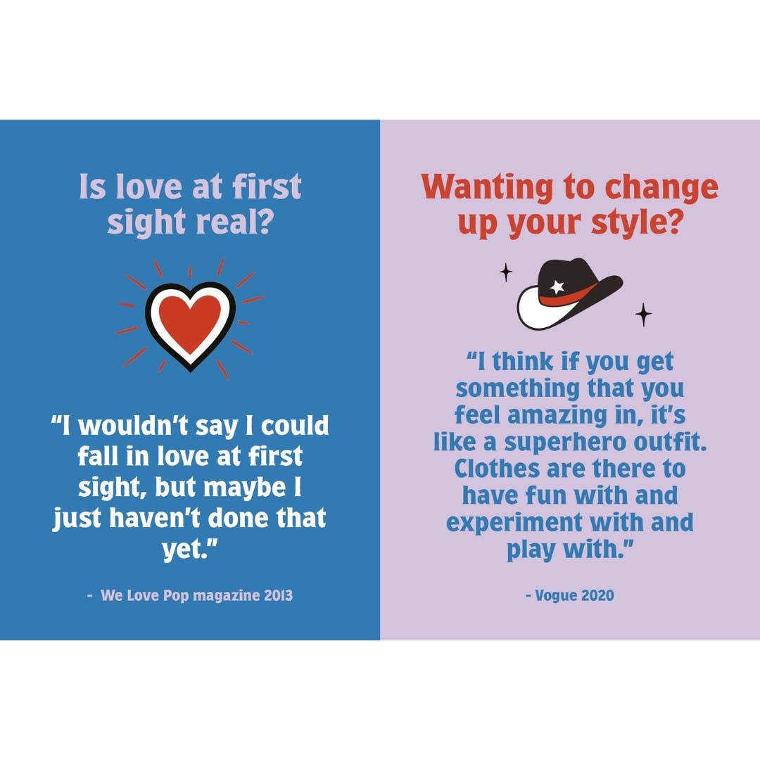 Open gift book pages with “Is love at first sight real?” and “Wanting to change”