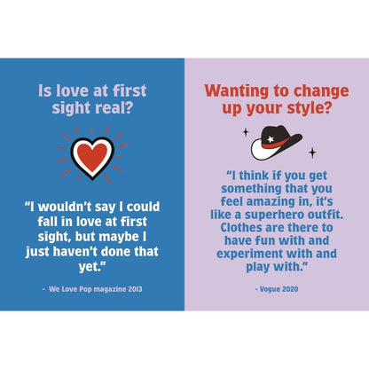 Open gift book pages with “Is love at first sight real?” and “Wanting to change”