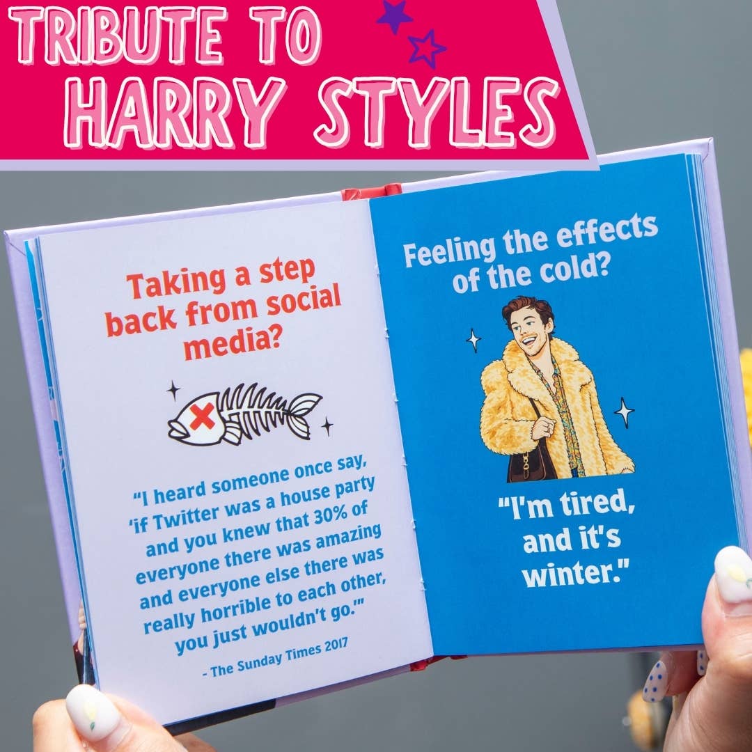 Opened gift book spread titled “Tribute to Harry Styles,” two pages of quotes