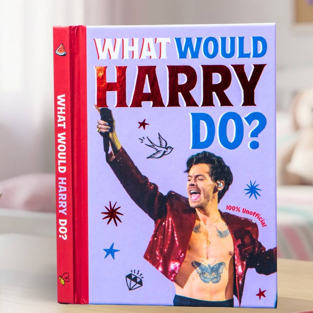 Harry Styles gift book cover, “What Would Harry Do?”, red and purple artwork