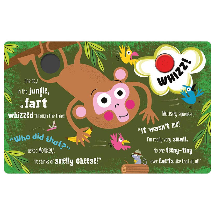 Children's book cover with pink mouse in a jungle and 'Who did that?' text