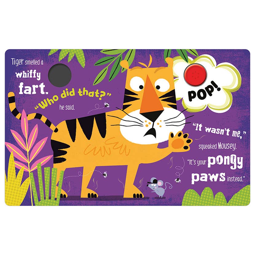 Children's book cover with orange tiger and 'Who did that?' speech bubble