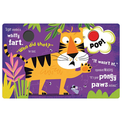 Children's book cover with orange tiger and 'Who did that?' speech bubble