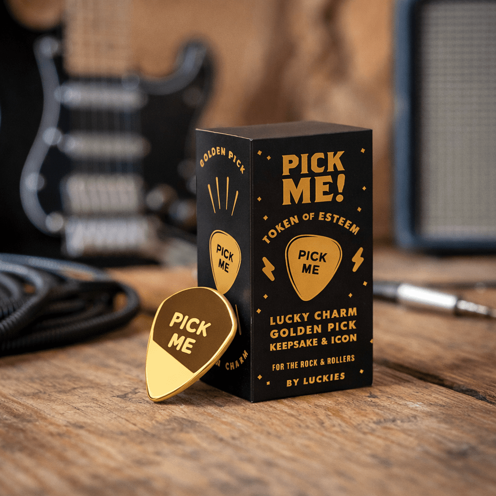 Pick Me Gold Guitar Pick Lucky Charm Gift, Gold-Plated Plectrum in Star Gift Box Guitar Pick Luckies Quirky Turkey Gifts