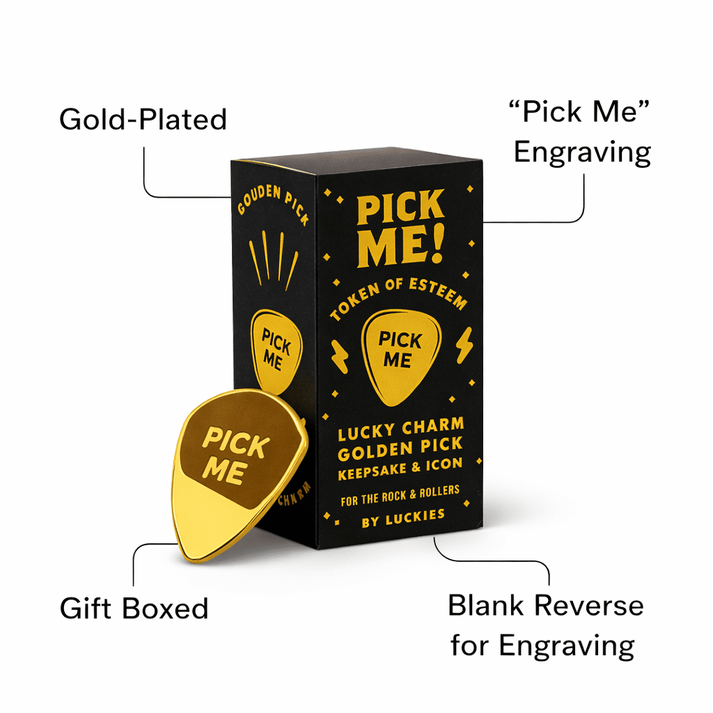 Pick Me Gold Guitar Pick Lucky Charm Gift, Gold-Plated Plectrum in Star Gift Box Guitar Pick Luckies Quirky Turkey Gifts