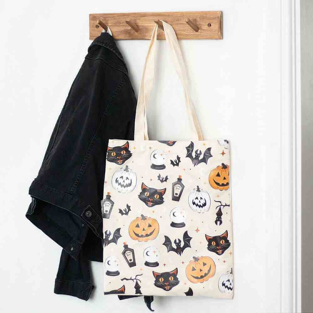 Spooky Cat and Pumpkin Print Poly-cotton Tote Bag Lunch Boxes & Totes Spirit of equinox Quirky Turkey Gifts