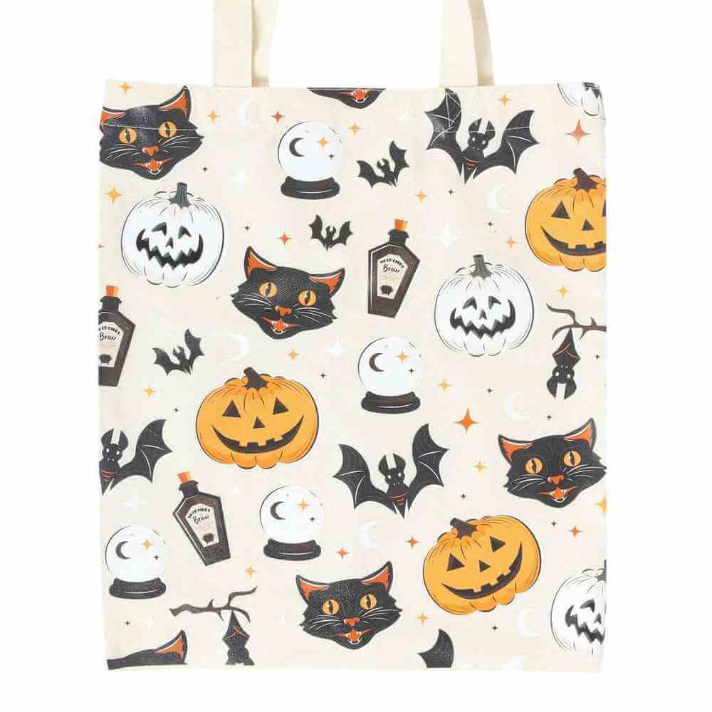 Spooky Cat and Pumpkin Print Poly-cotton Tote Bag Lunch Boxes & Totes Spirit of equinox Quirky Turkey Gifts