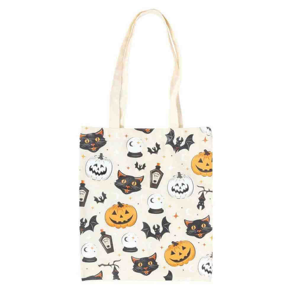 Spooky Cat and Pumpkin Print Poly-cotton Tote Bag Lunch Boxes & Totes Spirit of equinox Quirky Turkey Gifts