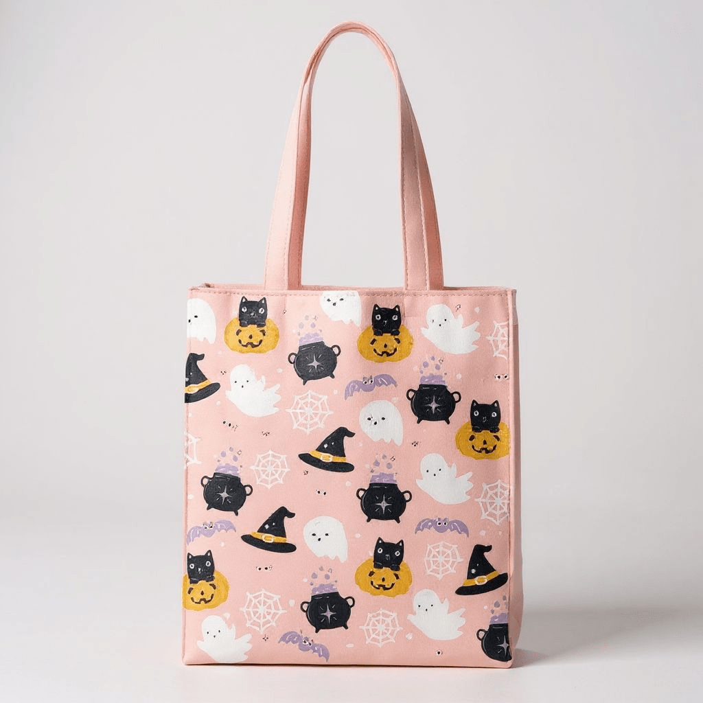 Adorable Halloween Ghost and Pumpkin Print Poly-Cotton Tote Bag. Lunch Boxes & Totes Spirit of equinox Quirky Turkey Gifts