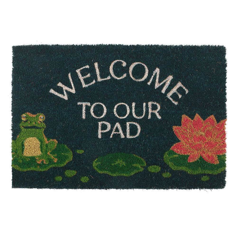 Welcome to Our Pad Doormat Featuring a Sweet Frog and Lily Pad Design Rugs & Doormats Mindful Frog Quirky Turkey Gifts