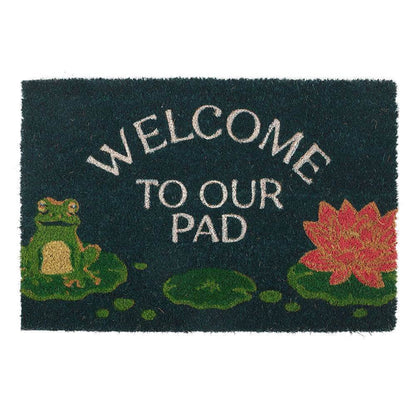 Welcome to Our Pad Doormat Featuring a Sweet Frog and Lily Pad Design Rugs & Doormats Mindful Frog Quirky Turkey Gifts