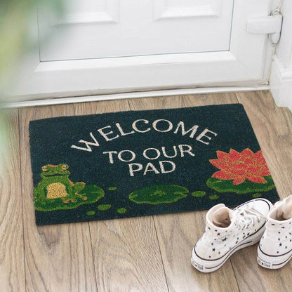 Welcome to Our Pad Doormat Featuring a Sweet Frog and Lily Pad Design Rugs & Doormats Mindful Frog Quirky Turkey Gifts