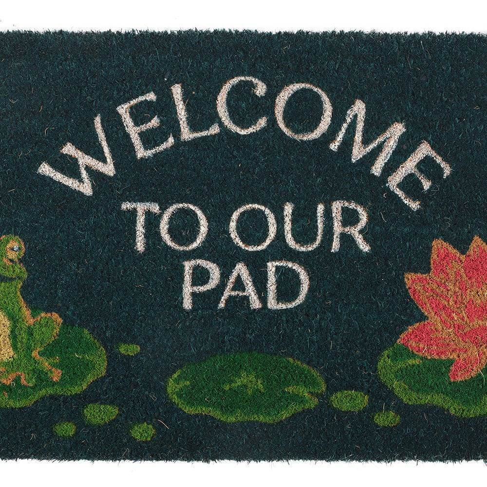 Welcome to Our Pad Doormat Featuring a Sweet Frog and Lily Pad Design Rugs & Doormats Mindful Frog Quirky Turkey Gifts