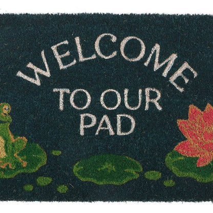 Welcome to Our Pad Doormat Featuring a Sweet Frog and Lily Pad Design Rugs & Doormats Mindful Frog Quirky Turkey Gifts