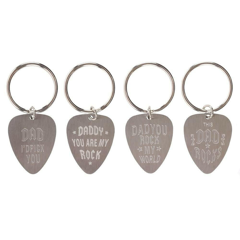 Set of metal keyrings with four plectrum-shaped charms engraved with Dad text
